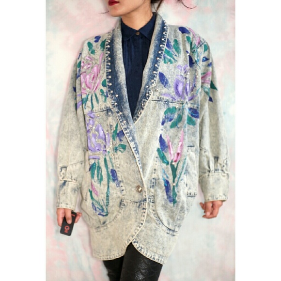 Vtg Oversized acid washed Denim Jacket Hand Painted purpleFloral Studded Artwear - Picture 2 of 12